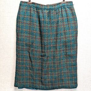 Vintage Russ Wool Blend Green & Orange Plaid Tweed Midi Skirt w/ Pockets Size 16